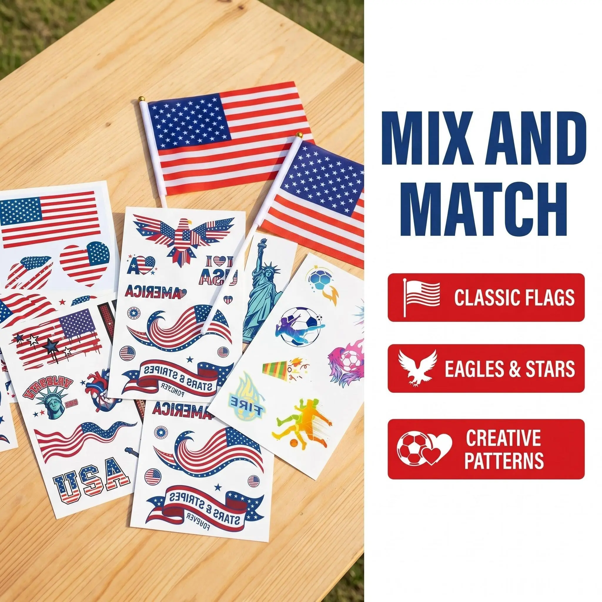 USA Patriotic Fan Kit - 2 Handheld American Flags, Temporary Tattoos, Stars & Stripes Decals for Independence Day, Sports Events