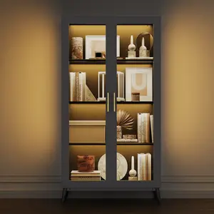 Glass Display Cabinet with RGB Lights,4-Tier Curio Cabinets with 3 Color Lights,Display Case with Human Body Sensor & USB Ports, Corner Storage Cabinet for Collectibles/Toys/Books