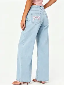 Coquette Balletcore Pink Bow Embroidery Wide Leg Jeans Pale Light Wash Pocket Detail