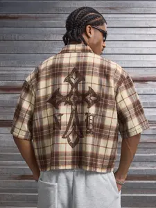 Vintage Wash Cross Graphic Cropped Flannel Shirt, Neutral Tone Brown Plaid Short Sleeve Button Up, Streetwear Oversized Crop Top Shirt for Fall, Skate & Hip Hop Casual Outfits