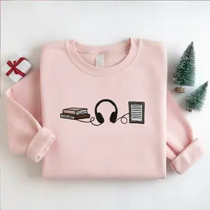 Audiobook Lover Embroidered Sweatshirt, Cozy Book and Headphones Crewneck, Reading and Listening Pullover, Gift for Bookworms