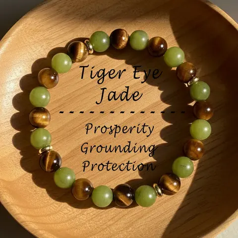 Wealth Attract Money Bracelet - 8mm Tigers Eye Green Jade Natural Crystal Bracelet with Elastic Band, Elegant Design, Healing Charm - Daily Wear Jewelry Gift for Her/Him