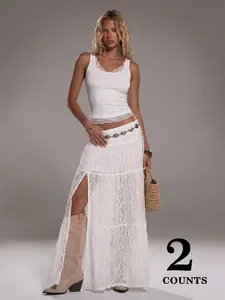 Women's Lace Halter Top Set, Wide Shoulder Straps, Side Slit Skirt, Vintage Textured Fabric, Casual & Party Wear