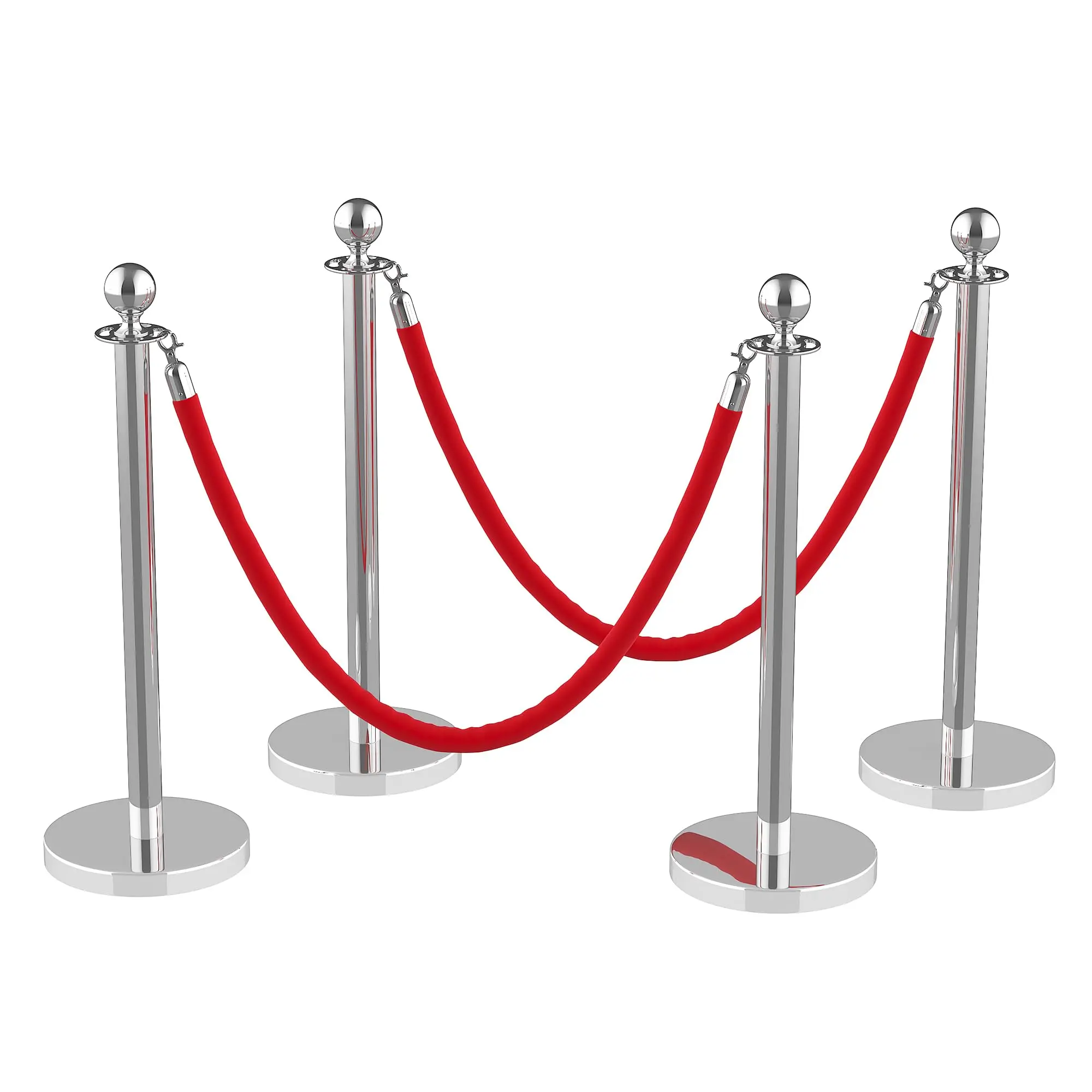 Sturdy Industrial Silver Crowd Control Stanchions (4PCS) - Stainless Steel Posts, Concrete-Filled Bases, 2 Velvet Ropes, 5 ft Retractable Belts, Corrosion-Resistant Finish, Dependable Equipment for Hotel, Event Crowd Management, Durable