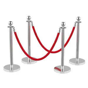Silver Crowd Control Stanchions 4PCS with 2 Velvet Ropes,Stainless Steel Post and Filled Base, Retractable Safety Barriers for Hotel, Wedding, Theater, Event
