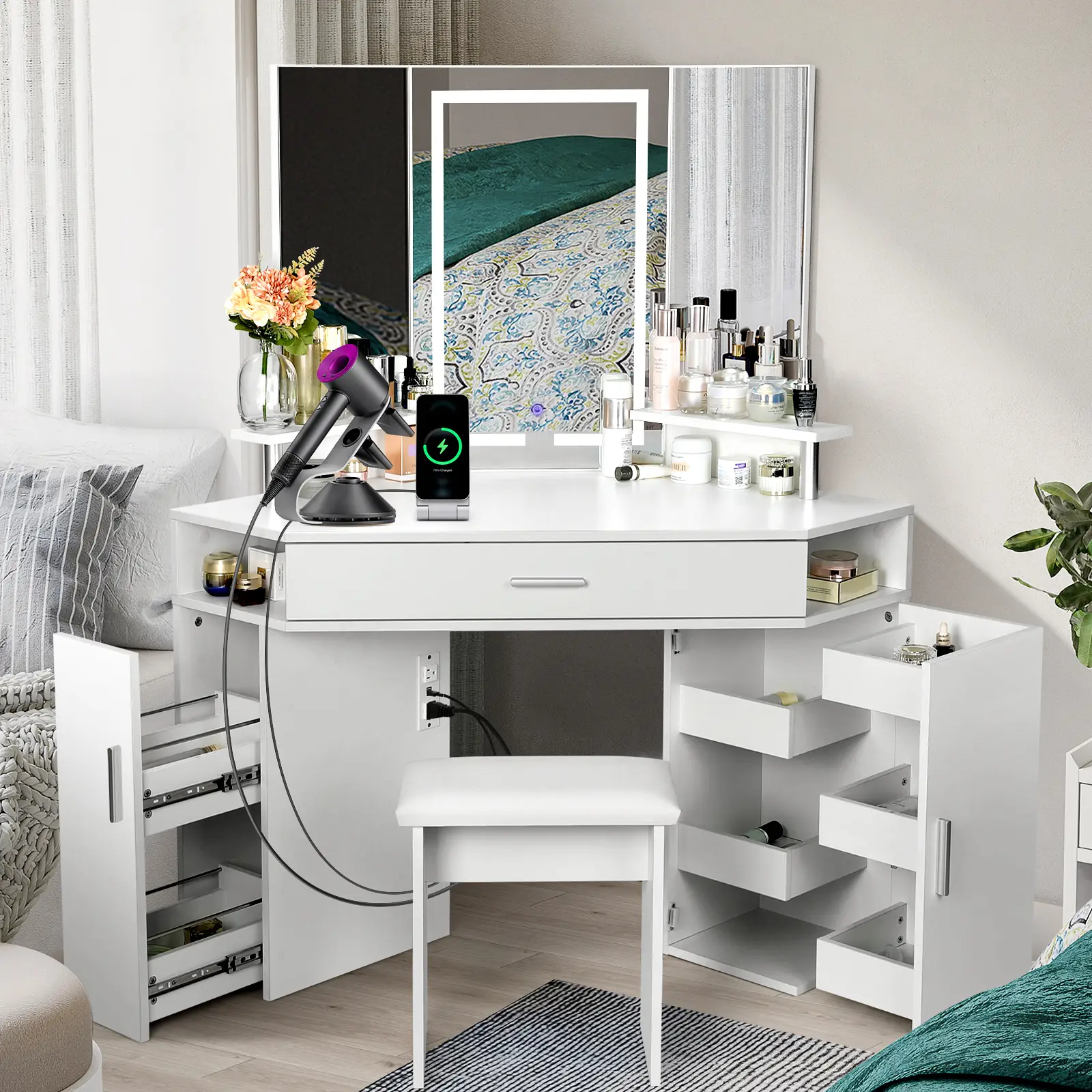 【2 Packages Delivery】VOWNER Modern Corner Makeup Vanity with Led Lighted Mirror Power Outlet Brightness Adjustable dressing table