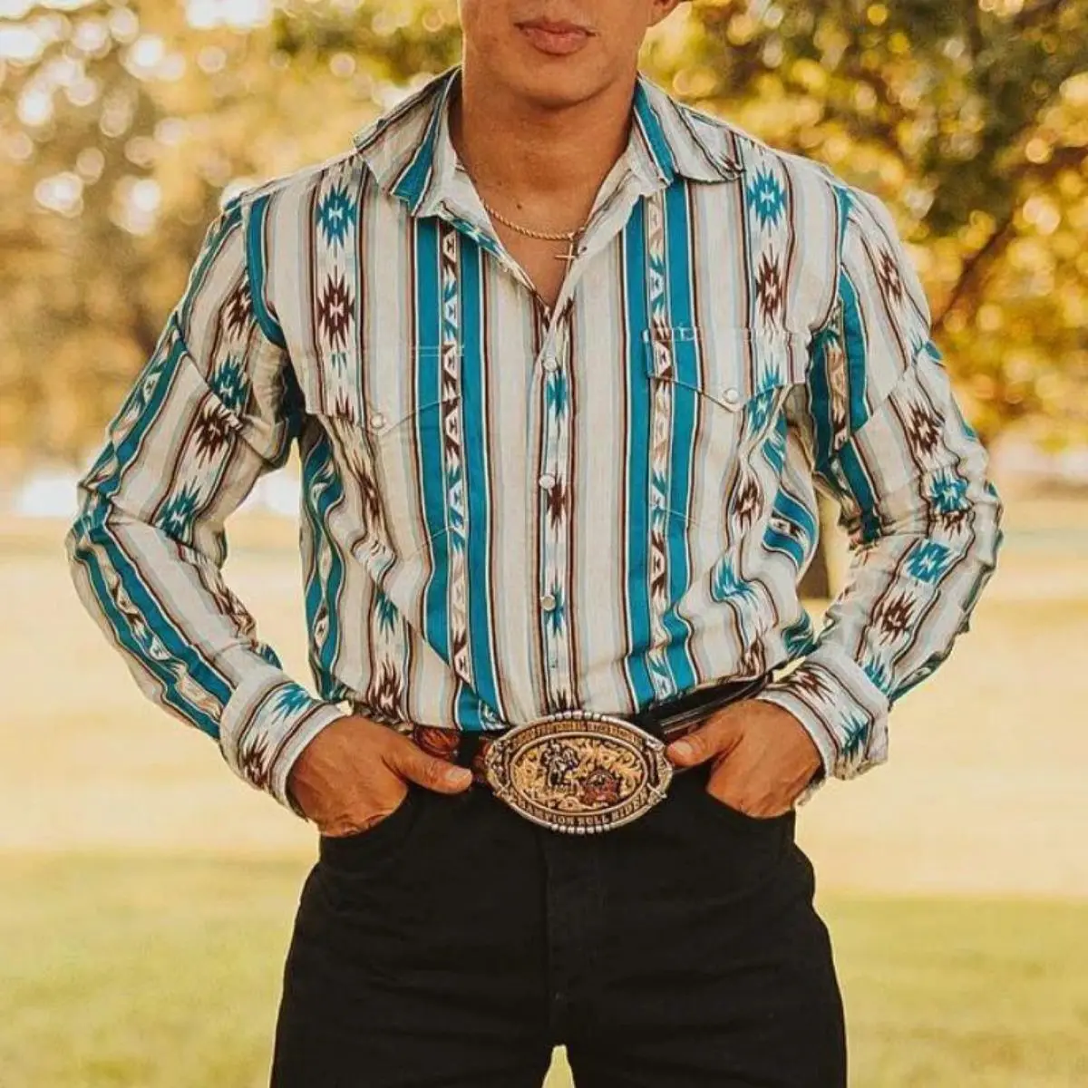 2026 Men's Striped Cowboy Print Shirt, a Casual Western Style Long Sleeve Cowboy Button-Up with a Chest Pocket, Menswear