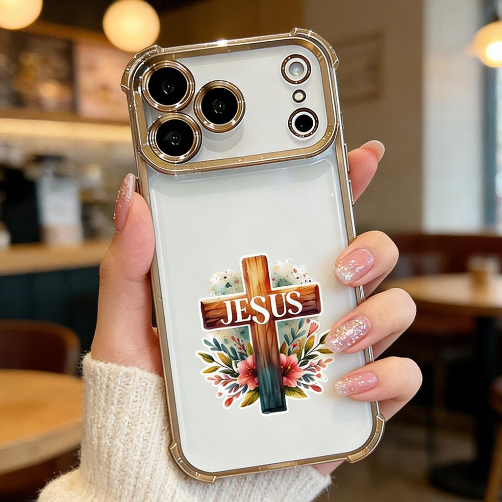 Floral Jesus Cross Phone Case for iPhone 11/12/13/14/15/16/17 Pro Max Plus & 17 Air, Gold Electroplated Religious Christian Cover DDSJ-260407028
