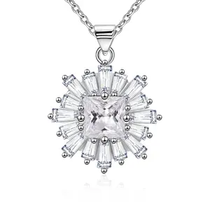 925 Sterling Silver Cubic Zirconia Flower Pendant Necklace for Women – hypoallergenic Elegant Baguette-Cut CZ dainty Snowflake Floral Necklace, Minimalist Silver Jewelry for Birthday, Anniversary & Wedding christmas Gift