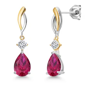 Gem Stone King 925 Silver and 10K Yellow Gold Red Created Ruby and White Moissanite Earrings For Women | 4.84 Cttw | Gemstone July Birthstone | Pear Shape 10X7MM
