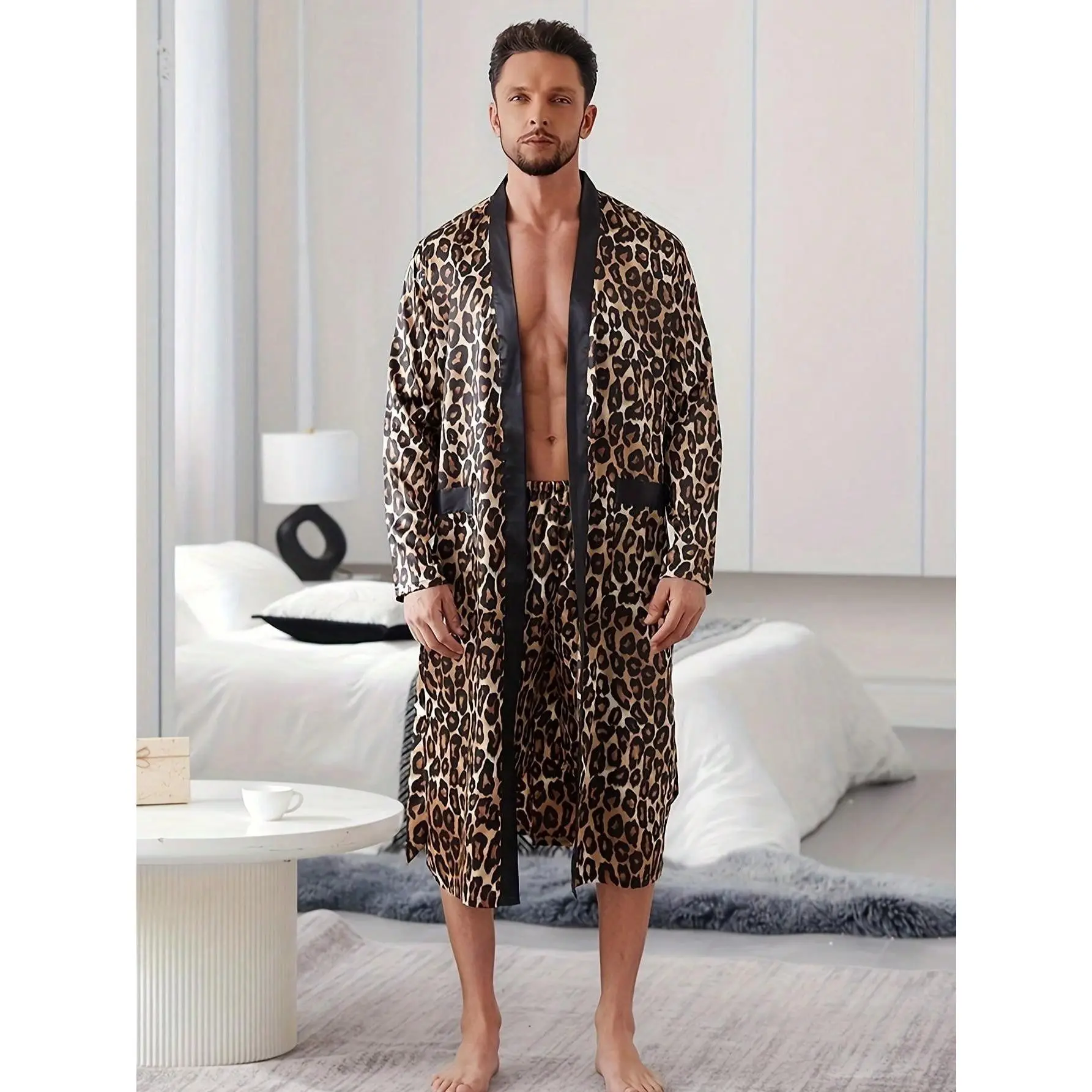 Men's Loose-Fit Textured Leopard Print Robe, Belted Long Sleeve Polyester Fabric Nightwear for Autumn & Winter, Loungewear, Menswear, Leopard Print Men's Robes