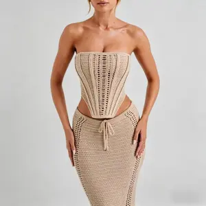 Crochet Knit 2 Piece Set for Women, Strapless Corset Top and Maxi Skirt for Summer Vacation Daily Wear