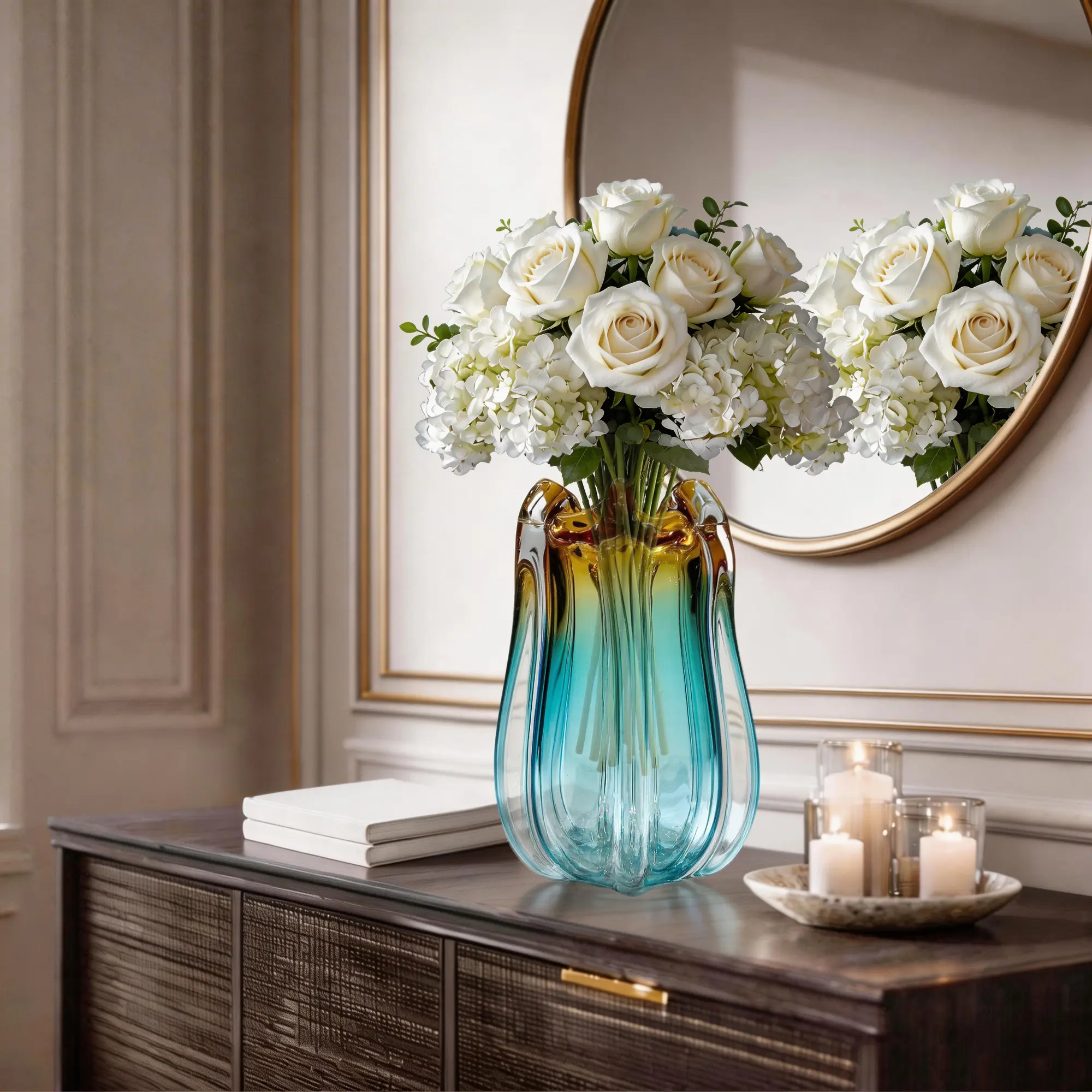 9.65 in Hand Blown Gradient Glass Vase - Unique Tulip-Shaped Wide Mouth Shadow Box Vase, Traditional Colorful Crystal Art Home Decor for Living Room, Office Table