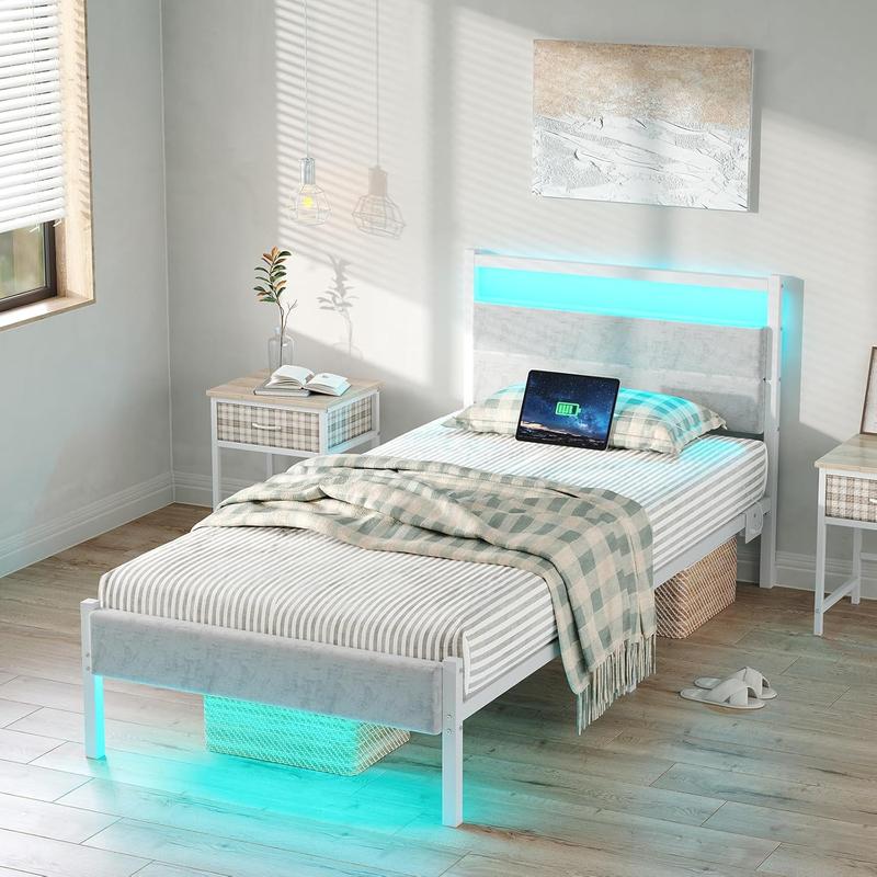 CollaredEagle Bed Frames with Charging Station, LED Lights Bed with Grey Upholstered Headboard, with Heavy Duty Slats Support, No Box Spring Needed, Noise Free, Easy Assembly.