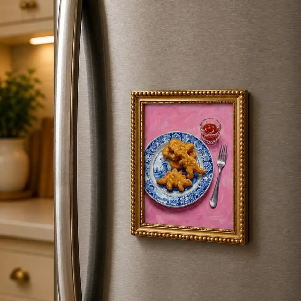 Funny Dino Nugget Fridge Magnet, Cute Food Art Refrigerator Magnet, Pink Kitchen Decor, Foodie Gift