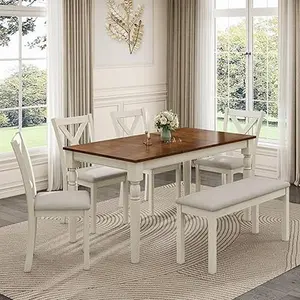 【Ships in 2 Boxes】VanAcc 6-Piece 60"/71" Solid Wood Dining Table Set, Large Dining Table with 4 Upholstered Chairs & 1 Long Bench, for Dining Room,Best Gift Ideas/Christmas Gifts