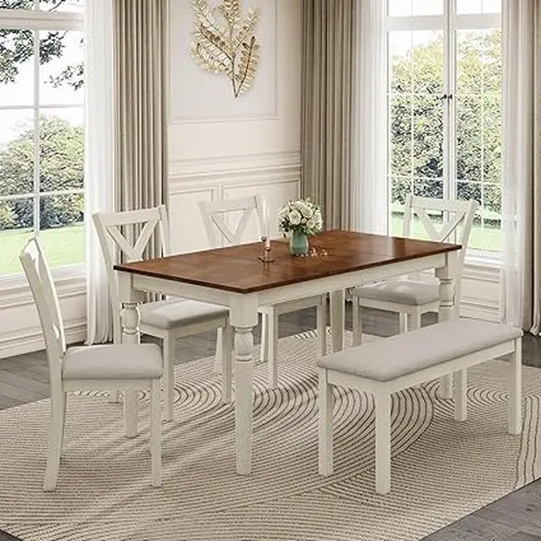 【Ships in 2 Boxes】VanAcc 6-Piece 60"/71" Solid Wood Dining Table Set, Large Dining Table with 4 Upholstered Chairs & 1 Long Bench, for Dining Room,Best Gift Ideas/Christmas Gifts