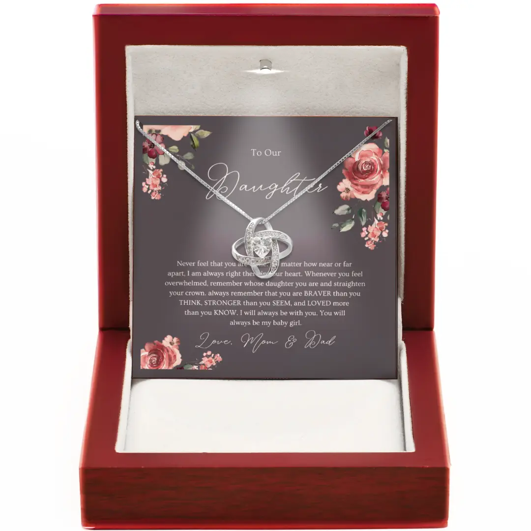 Daughter Necklace Gift from Mom and Dad - Beautiful Love Knot Pendant with Cubic Zirconia and Message Card for Graduation or Wedding
