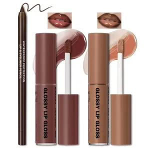 HOSAILY 2 Colors Nourishing Lip Gloss Hydration Non-Sticky Plumping Lip Kit for Women, Natural Nude Tinted Lip Glow Oil Moisturizing Lightweight Long Wear Shiny Liquid Lipstick with Lip Liner Combo