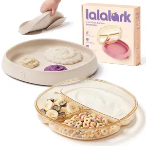 lalalark 3-in-1 Baby Suction Plates - Premium Bottle-Grade PPSU Toddler Plates, Stage-Based Design Silicone Divided Dishes for Self-Feeding, BPA Free Odor & Stain Resistant, Microwave Dishwasher Safe, Oat Milk /Rose Clay /Sea Salt Blue