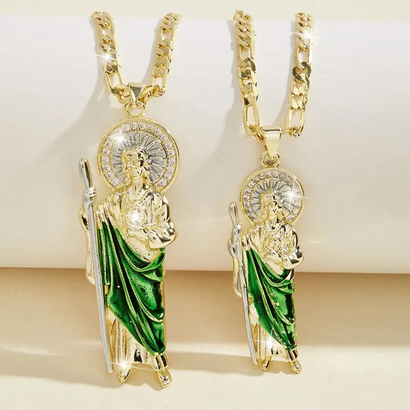Men's Saint Jude Pendant Necklace, 14K Gold-Plated Copper Religious Necklace with Zirconia Accents, 24-Inch Flat Chain, Faith Style Necklaces