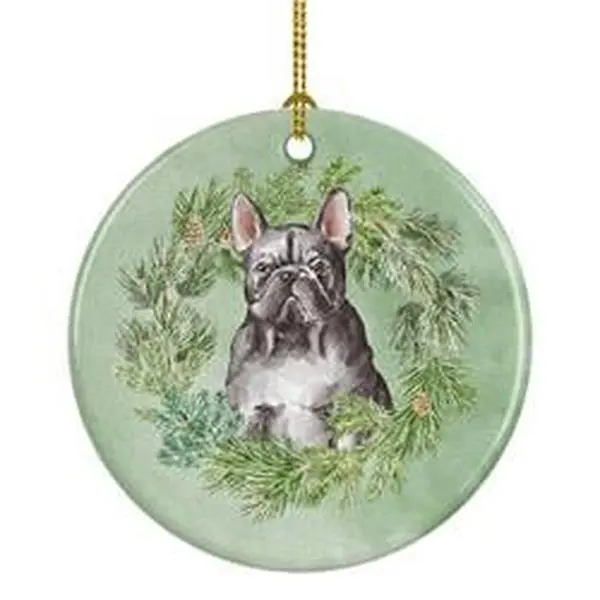2.8 x 2.8 in. Unisex French Bulldog Black Christmas Wreath Ceramic Ornament