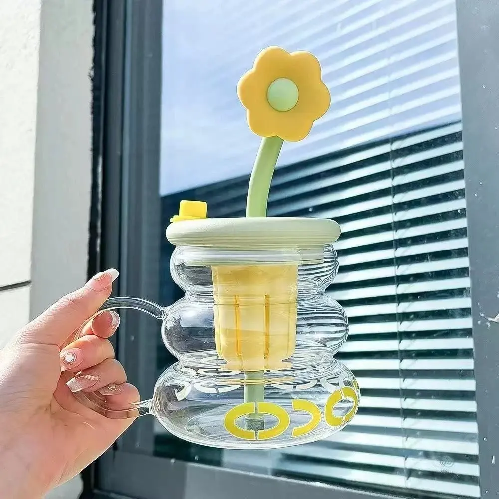 27oz/800ml Sunflower Cute Glass with Lid and Straw- Unique Design Drink Cup for Coffee Tea and All Drinks