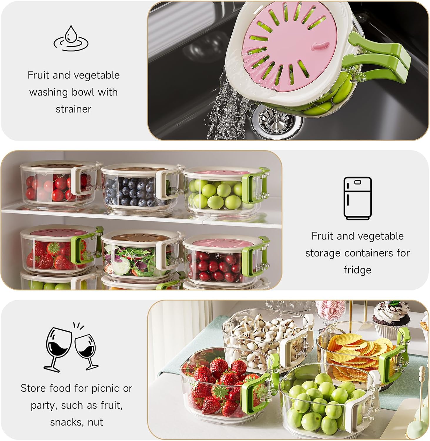 Fruit Vegetable Washing Bowl with Strainer, Berry Lettuce Keeper for Fridge Refrigerator Organization, Portable Colander for Kitchen Fridge, Drainer Container With Lid, 2 Pack (Pink)