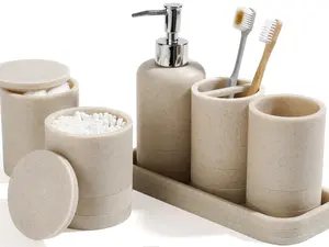 Bathroom Accessories Set, 6-Piece Bathroom Accessory Set, Toothbrush Holders Set, Soap Dispenser, Vanity Tray, Tumbler, Cotton Swab Jars, Bathroom Organizer for Modern Bathrooms(Beige)