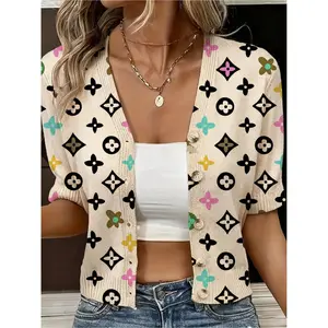 Spring and Summer Collection: V-neck color-block geometric print women's knitted short-sleeved cardigan, blouse, Boho Casual Jumper, bohemian vacation style, casual and elegant commuting outerwear cover-up, bikini cover-up, beach cover-up