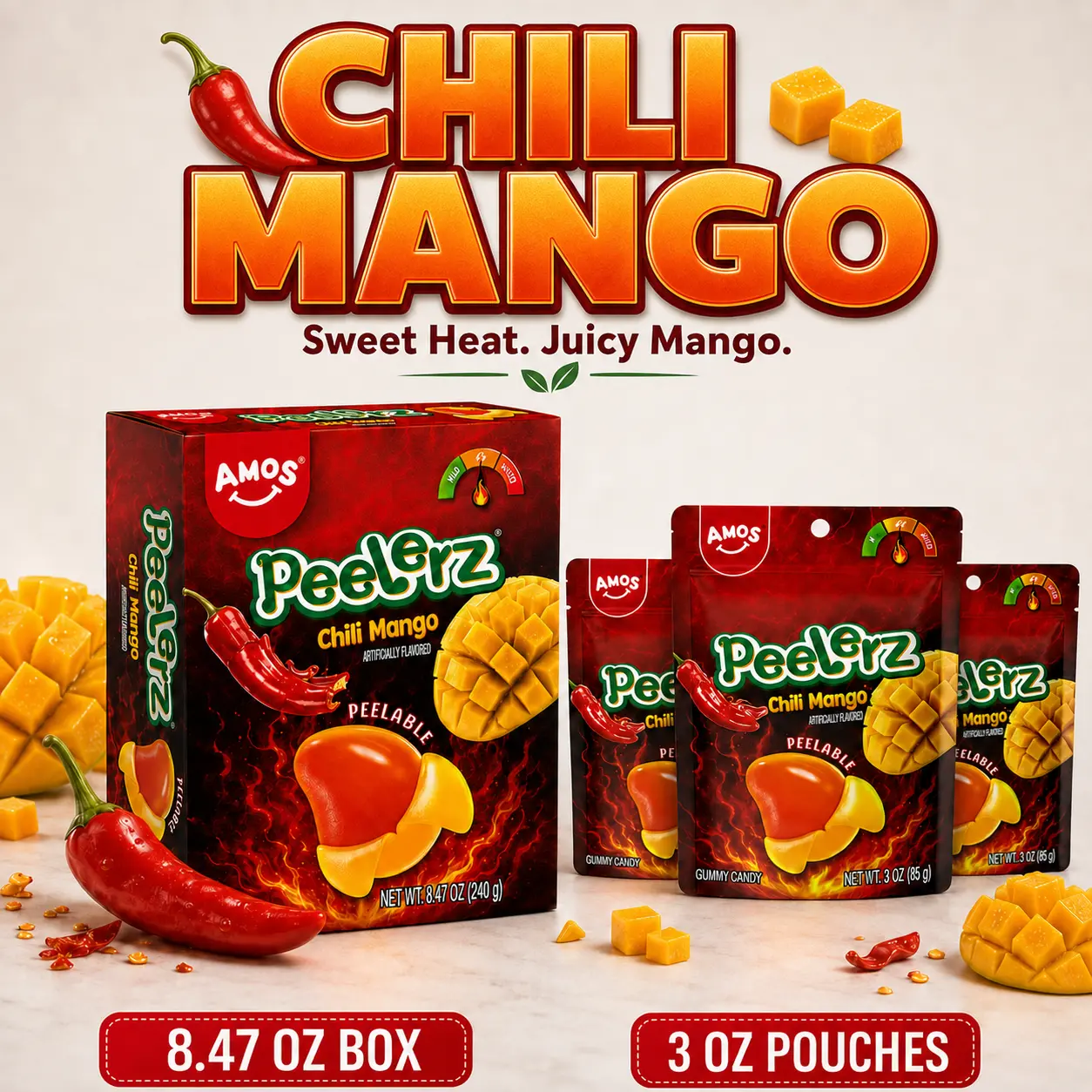 AMOS Peelerz Chili Mango Peelable Gummy Candy, Sweet & Spicy Mango Flavor, 8.47 oz Box and 3 oz Pouches, Fun Fruit Snack for Sharing and Gifting Delicious AMOS Peelerz Chili Mango Peelable Gummy Candy, Sweet & Spicy Mango Flavor, 8.47 oz Box and 3 oz Pouches, Fun Fruit Snack for Sharing and Gifting Delicious