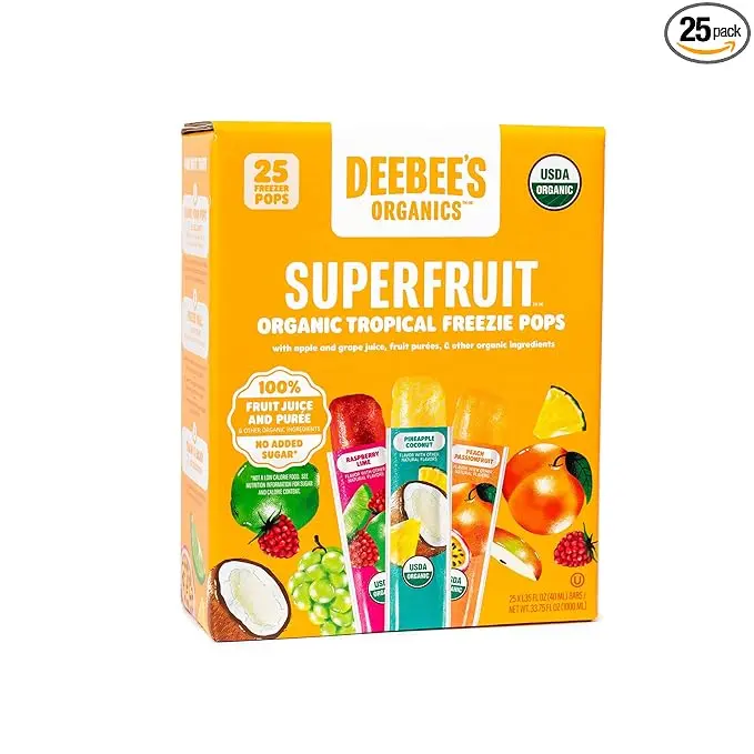 DeeBee's Organics Tropical SuperFruit Freezie Pops, No Added Sugars, No Artificial Flavors or Colors (Pack of 25)