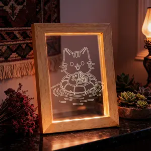 Cat Night Light Photo Frame - Glowing Animal Lamp Wooden Acrylic Decor, Cozy Bedside Gift for Her, Cute Cat Swimming Nightlight for Bedroom