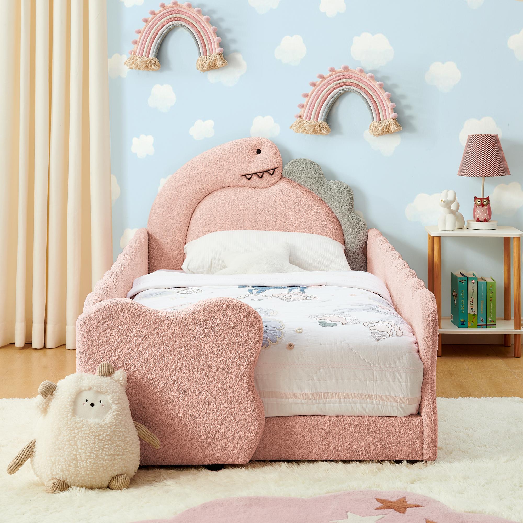 Twin Size Kids Daybed with Dinosaur-Shaped Headboard, Upholstered Boucle Fabric Bed with Safety Guardraild, Cute Kids Daybed for Girls Boys, Pink Twin Size Kids Daybed with Dinosaur-Shaped Headboard, Upholstered Boucle Fabric Bed with Safety Guardraild, Cute Kids Daybed for Girls Boys, Pink
