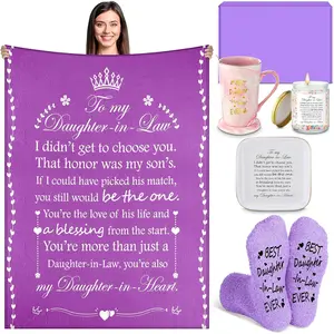 6 count Daughter in Law Gifts from Mother in Law, Daughter-in-Law Ever Gifts for Birthday,Warm Basket with 60 x 50 Inches Blanket, Mug, Socks, Candle,  Dish with  Box(Purple)