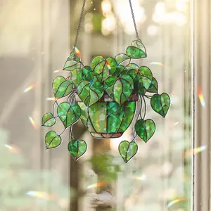 Hanging Heart Leaf Plant Acrylic Suncatcher | Green Philodendron Window Decor | Boho Houseplant Gift