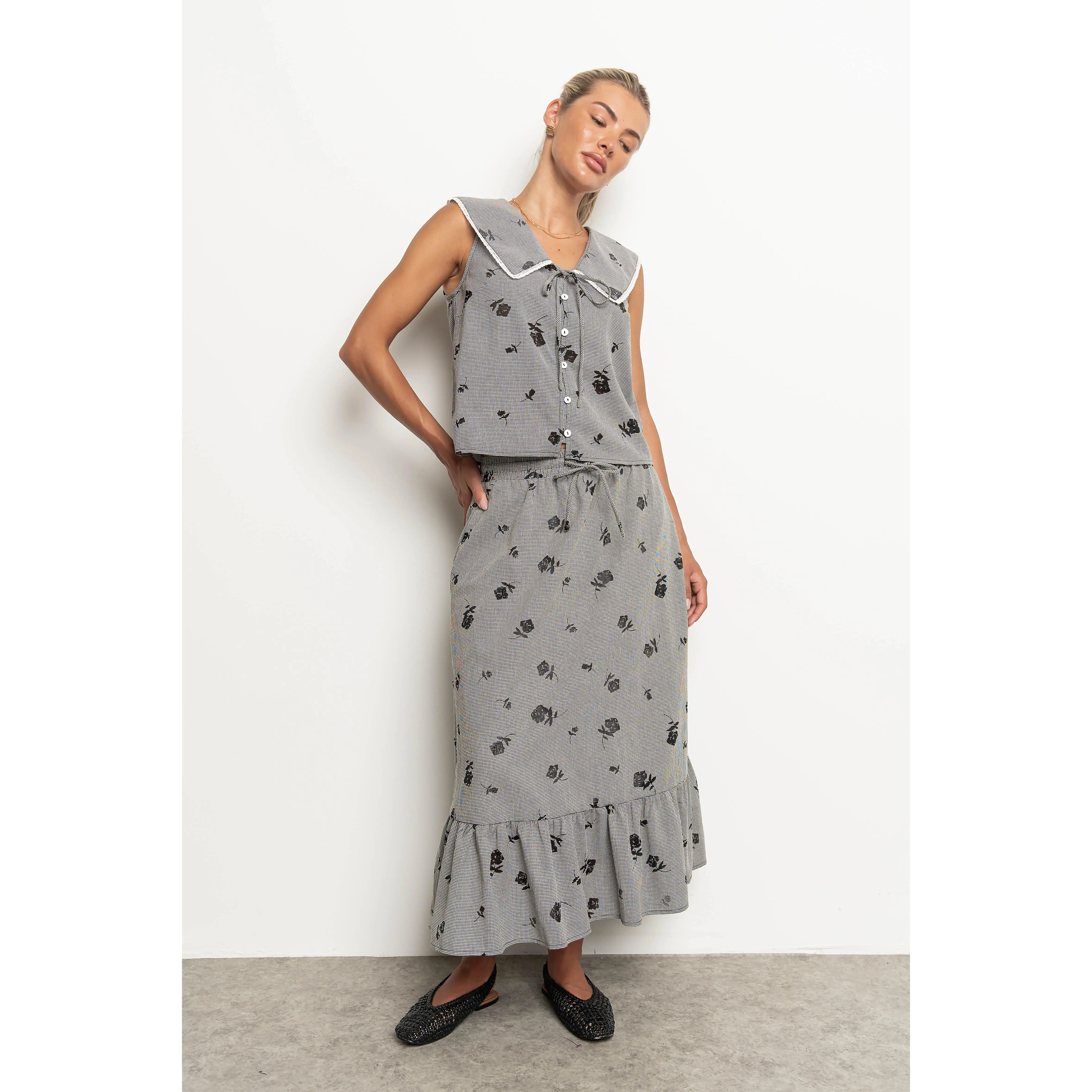 Women's Karrie Gingham Rayon Midi Skirt - Black, Adjustable Fit, Matching Women's Bottom
