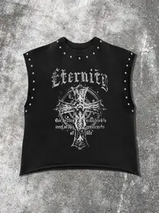 Men's Casual Sleeveless Vest, Skin-Friendly Fabric, Cross & Eternity Print, Rivet Decor, Perfect for Fashionable Dark Style Lovers