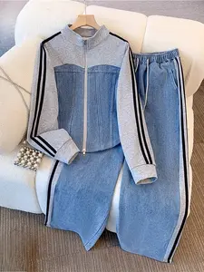 Fashionable Zipper Two-piece Long-sleeved Set for Autumn/ Winter 2025 New Style Denim Patchwork Top Wide-leg Long Pants Jeans with Patchwork Top, Wide-leg Trousers, Women's Jacket, Women's Winter Trousers