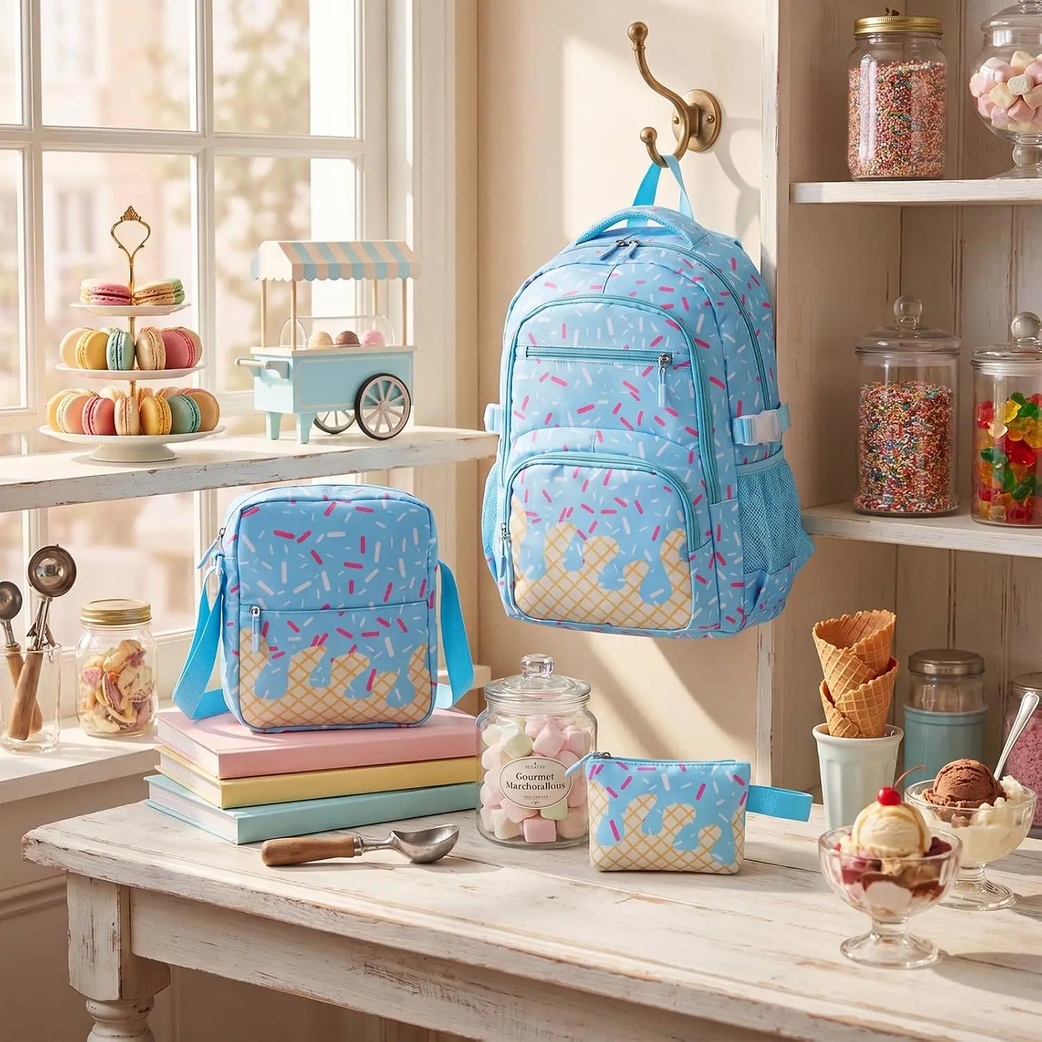 Blue 3-Piece Baseball Ice Cream Drip Backpack Set – 17-Inch Fashion School Bag with Pencil Case & Accessory Pouch for Kids