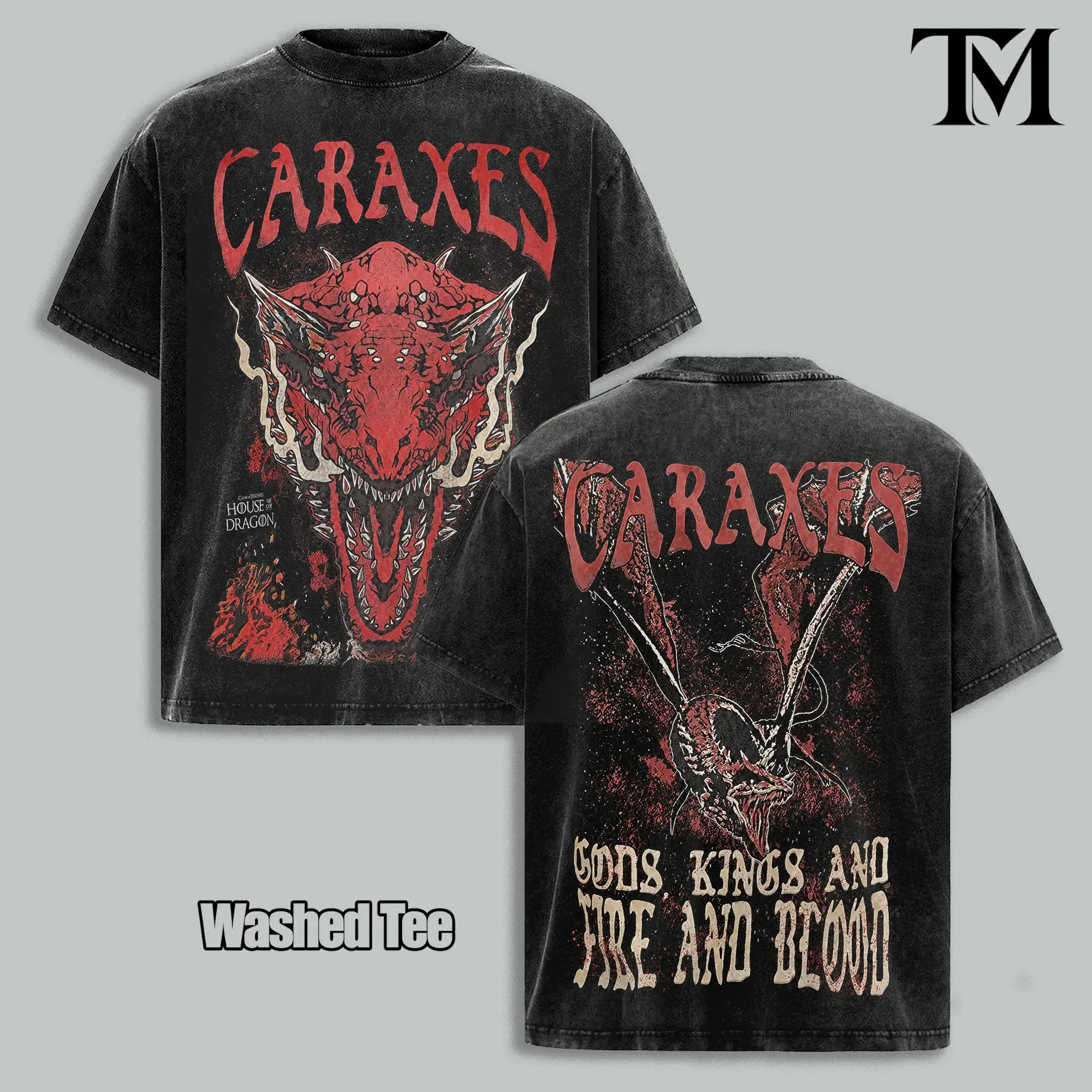 Men's Oversized House Of The Dragon Caraxes Vintage Washed Graphic Tee - Thick Breathable Short-Sleeve Cotton Garment, Daemon Targaryen Fire And Blood Street Style Shirt, Retro HBO Fan Gift Premium Unisex Apparel, Shortsleeve, Casual