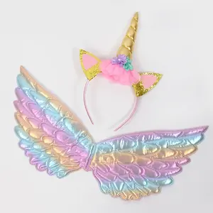 Rainbow Unicorn Angel Wings Headband For Girls Unicorn Theme Birthday Party Decoration Supplies Kids Gift Fairy Cosplay Props