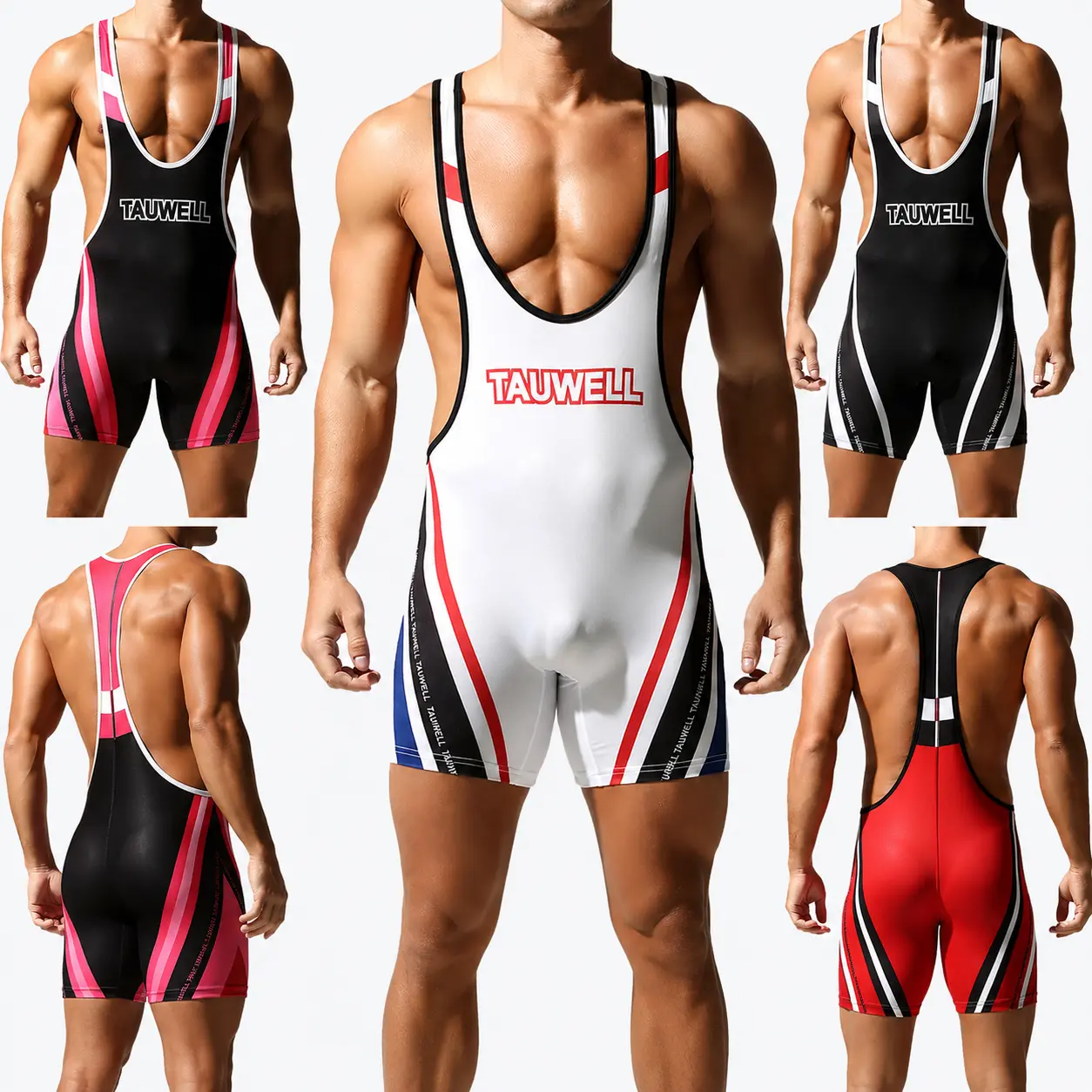 Tauwell Men’s Wrestling Singlet, Stretch Colorblock One-Piece Athletic Bodysuit with Deep Scoop Neck, Low-Cut Sides & Racerback, for Wrestling, Powerlifting, Grappling, Gym Training and Competition-25701