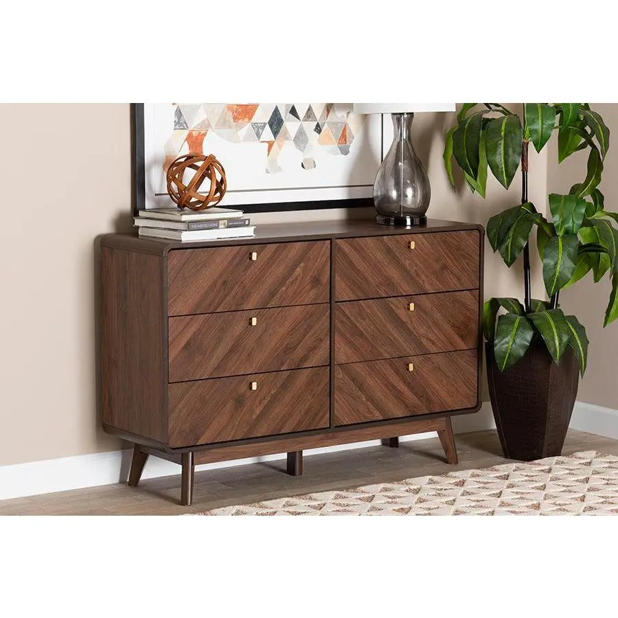 Baxton Studio Markell Mid-Century Modern Transitional Walnut Brown Finished Wood 6-Drawer Dresser
