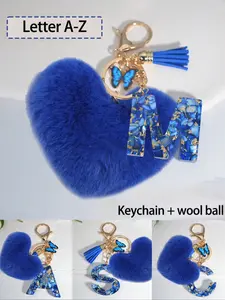 A-Z alphabet initial keychain, blue heart resin key with blue pom-pom, heart-shaped design, chain ring bag charm, backpack accessory, car ornament, gift for women and girls, Valentine's Day gift, bag charm decoration, lightweight and durable