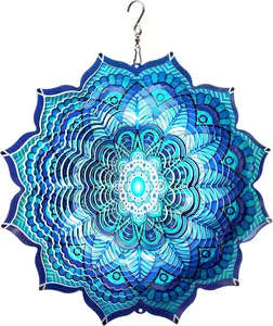 Wind Spinner Mandala Rich Blue 12inch 3D Stainless Steel Wind Spinners Laser Cut Metal Hanging Wind Sculptures Kinetic Yard Art Decoration Garden Ornament Indoor/Outdoor Décor Worth Gift