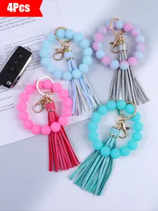 Set of 4 Macaron Style Beaded Wrist Keychains, Cute Handmade Bracelet Keyrings, Fashionable Accessory for Women & Girls, Keychain Wristlet