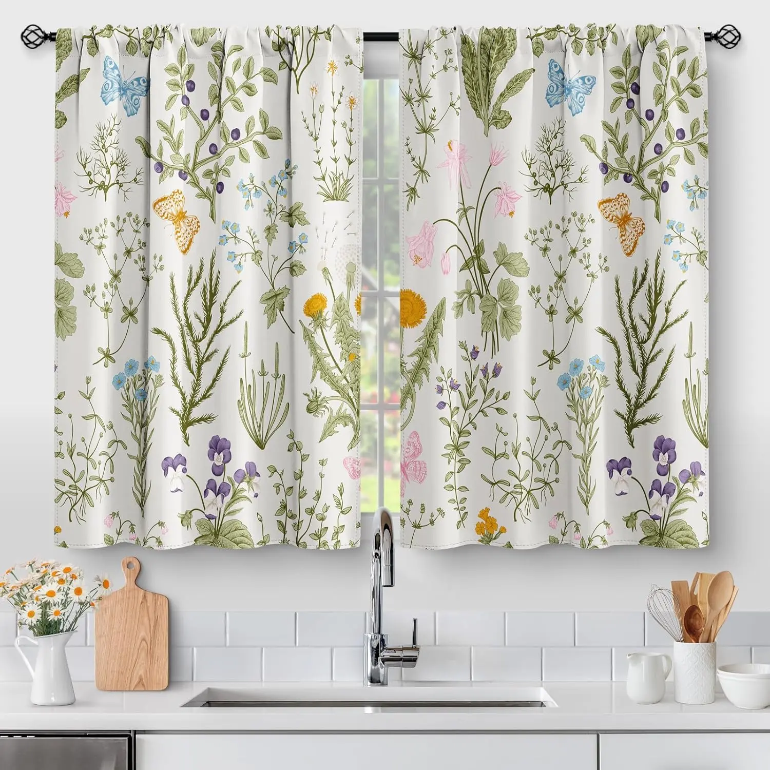 2-Panel Rod Pocket Kitchen Curtains Set - Colorful, Vintage, Boho Floral Leaves Spring Botanical Art Print Beautiful Patterns Small Short Tier Drapes (27.5"x39") for Cafe/Bathroom Windows, 36in Length, Colorful Curtains, Vintage Floral Curtains