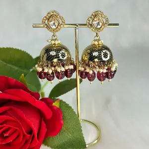 Tayani Gold Tone Kundan Small Jhumka Earrings with Decorative Beads for Women's Jewelry Collection