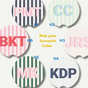 Custom Striped Soapstone Car Coaster 2pc Personalized Monogram Retro Cup Holder Preppy Car Accessories Cute Aesthetic Car Decor Teen Girl Mom Birthday Gift New Driver Name